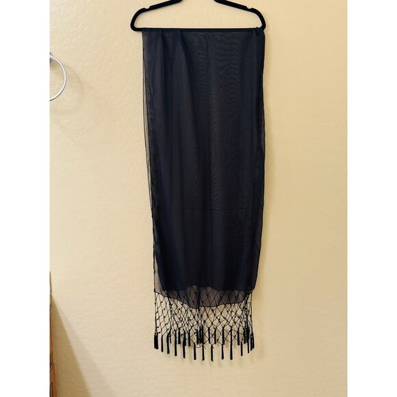 Vintage Black Sheer Scarf Shawl with Beaded Fringe Edges - Picture 3 of 4